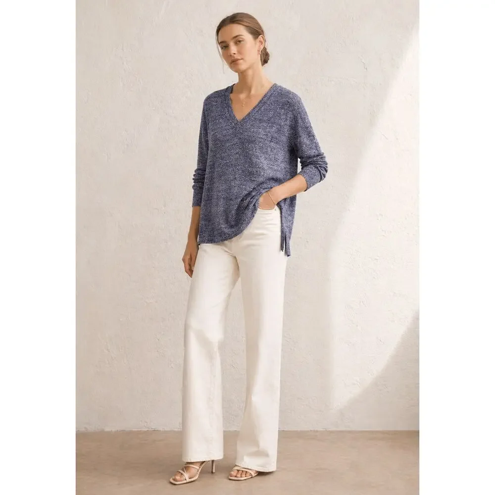 J.Crew Merino Linen Double V Neck Knit Top Sweater Blue Relaxed Small